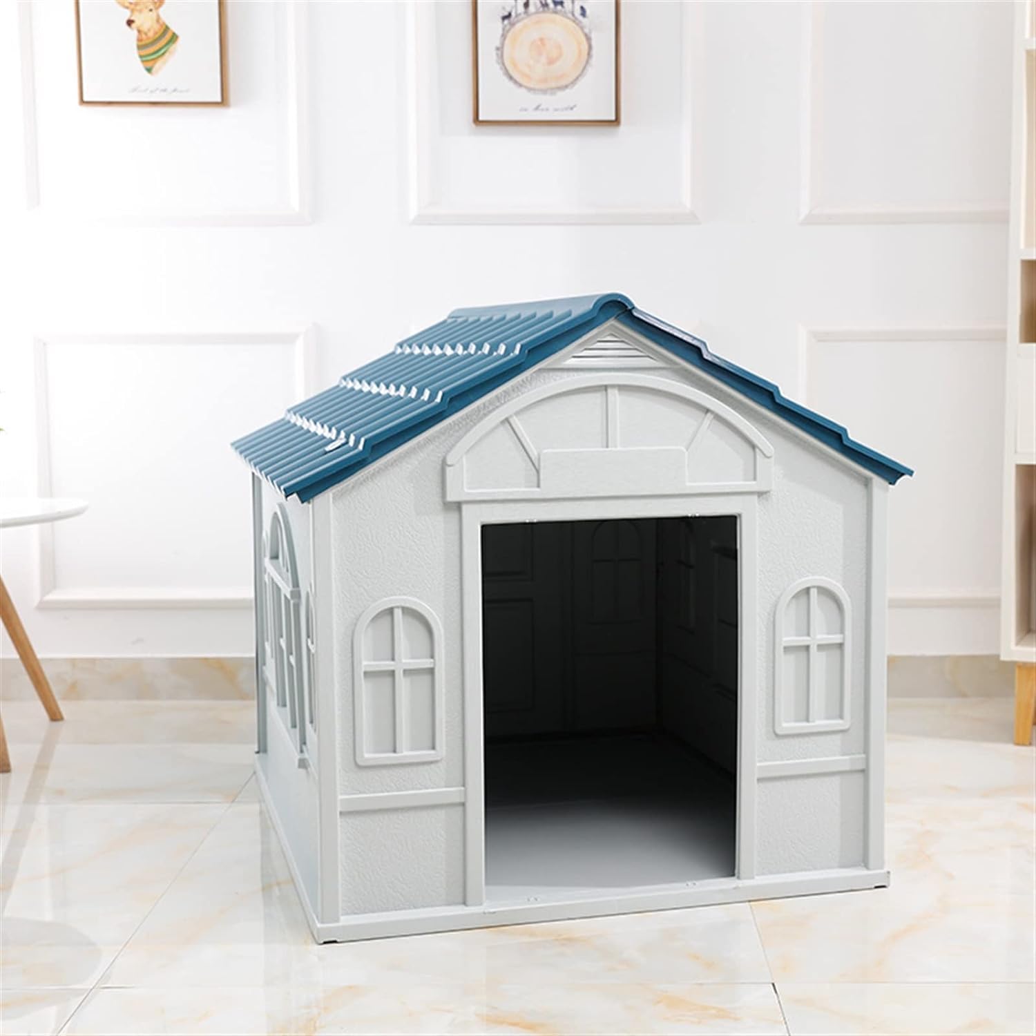 Lanco - Cuccia per Cani di Media e Grande Taglia. Uso interno ed esterno con ventilazione. Materiale resistente. 98x84x82 cm. Blu e bianco.