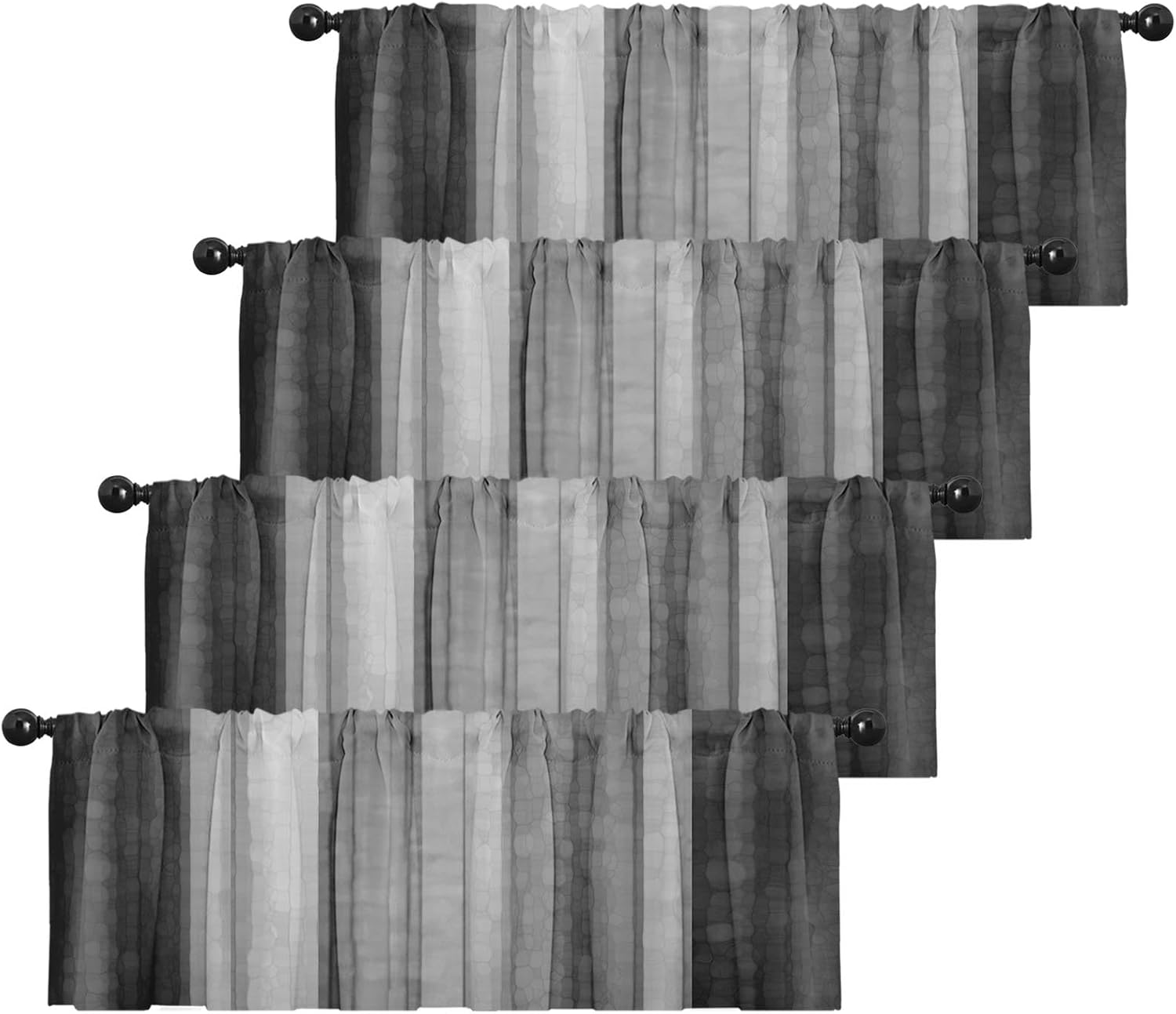 Emvency 4 Pack Valances Window Treatments, Black and Grey Striped Abstract Blackout Adjustable for Living Room Bathroom Bedroom Kitchen Over Sink, 52x12 Inch Rod Pocket Valances