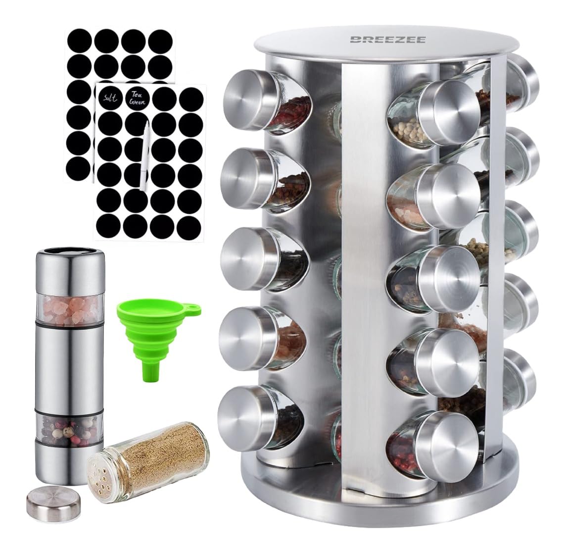BREEZEE Especiero de Acero Inoxidable Giratorio 360º con 20 Frascos de Vidrio para Especias y Condimentos de Cocina, Incluye Accesorios y Molino Doble, Organizador de Alacena Gabinete Estante