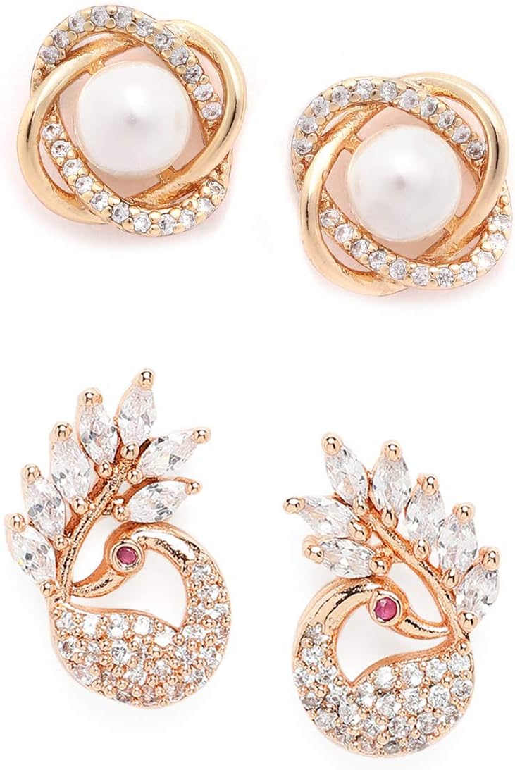 Combo of 2 RoseGold Cubic Zirconia Brass Stud Earrings-ZPFK10218, onesize