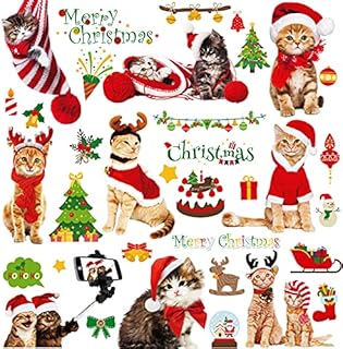 Christmas Window Clings Cat Stickers for Window Glass, 126 PCS Xmas Decals Decorations Christmas Cat Tree Bells Decals for Holiday Party(Christmas Cat)