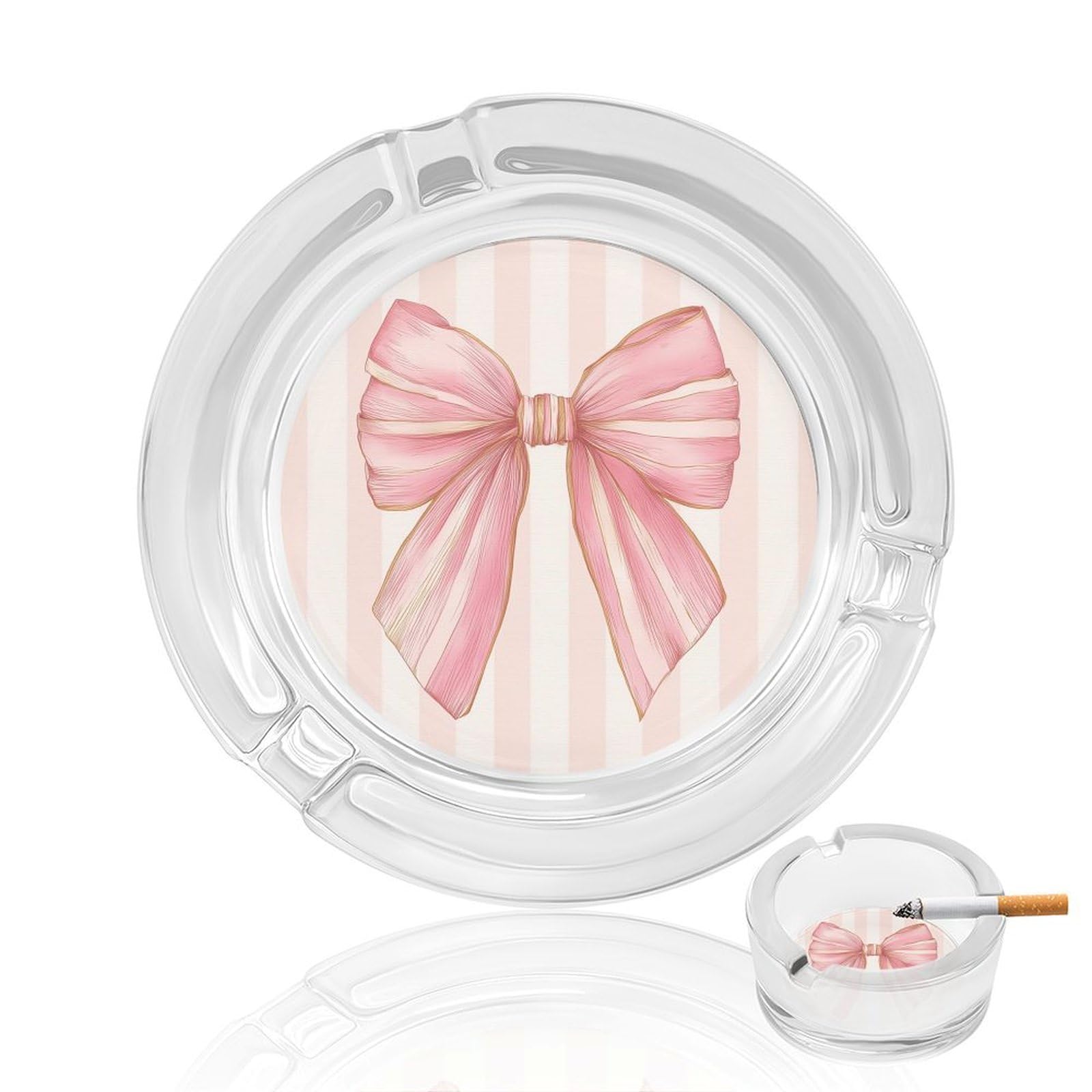 Preppy Coquette Pink Bow on Vertical Stripes Glass Ashtray for Cigarettes Portable Decorative Ash Trays for Home Office Decor