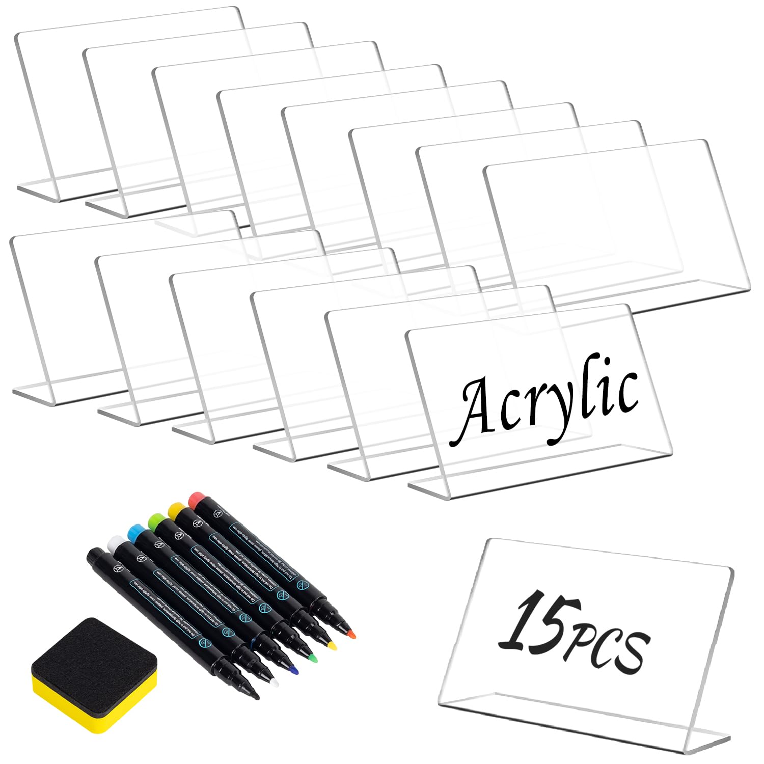 15 Pcs Acrylic Mini Chalkboard Labels for Food, 3X5 Inch Food Label Table Sign Cards, Mini Chalkboard Labels, Reusable Buffet Displays, Bright White,