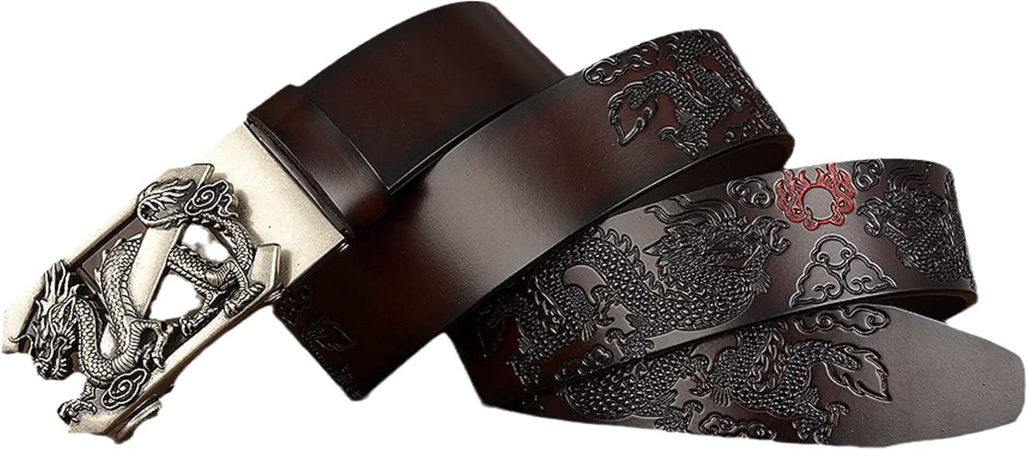 Cintura in Vera Pelle da Uomo e da Donna con Cintura con Fibbia 3D Automatica Dragon Incisa, Cintura con Fibbia Automatica, Cintura per Pantaloni Casual/Coffee/130Cm/51"