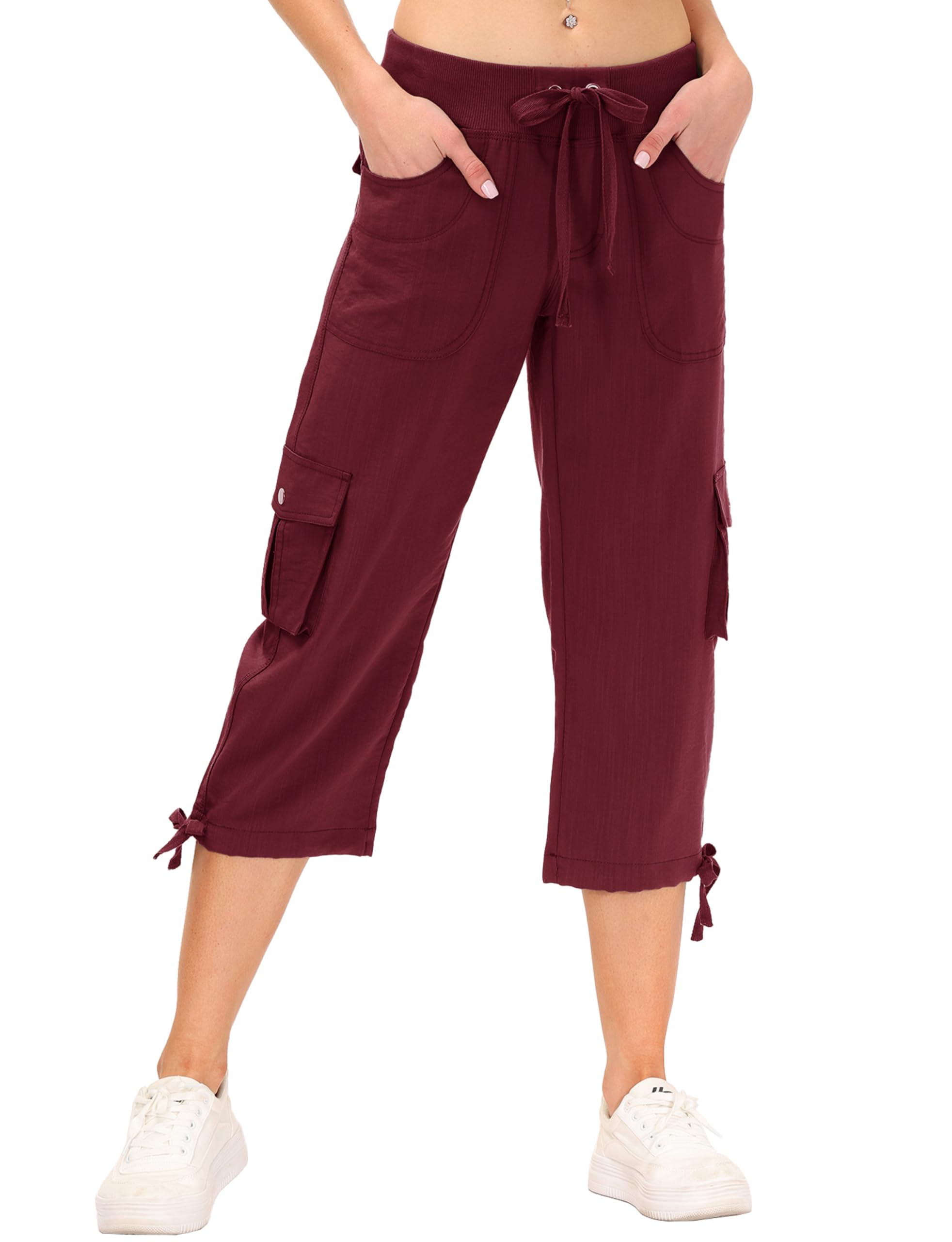 JINSHI Hosen Damen Sommer Cargohose 3/4 Hose Caprihose Freizeithose Wanderhosen Outdoorhose mit Mehrfach-Tasche
