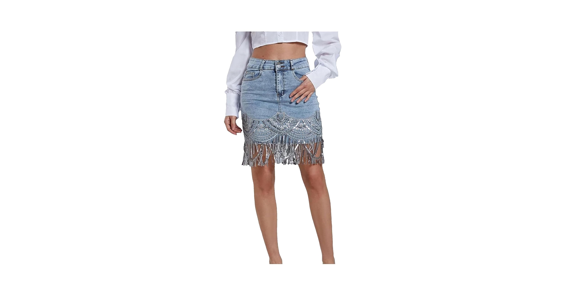 【GRANCY】Fringedesign Denim Skirt M Amazon.com: Generic Elegant Sequin Fringed Denim Skirt for