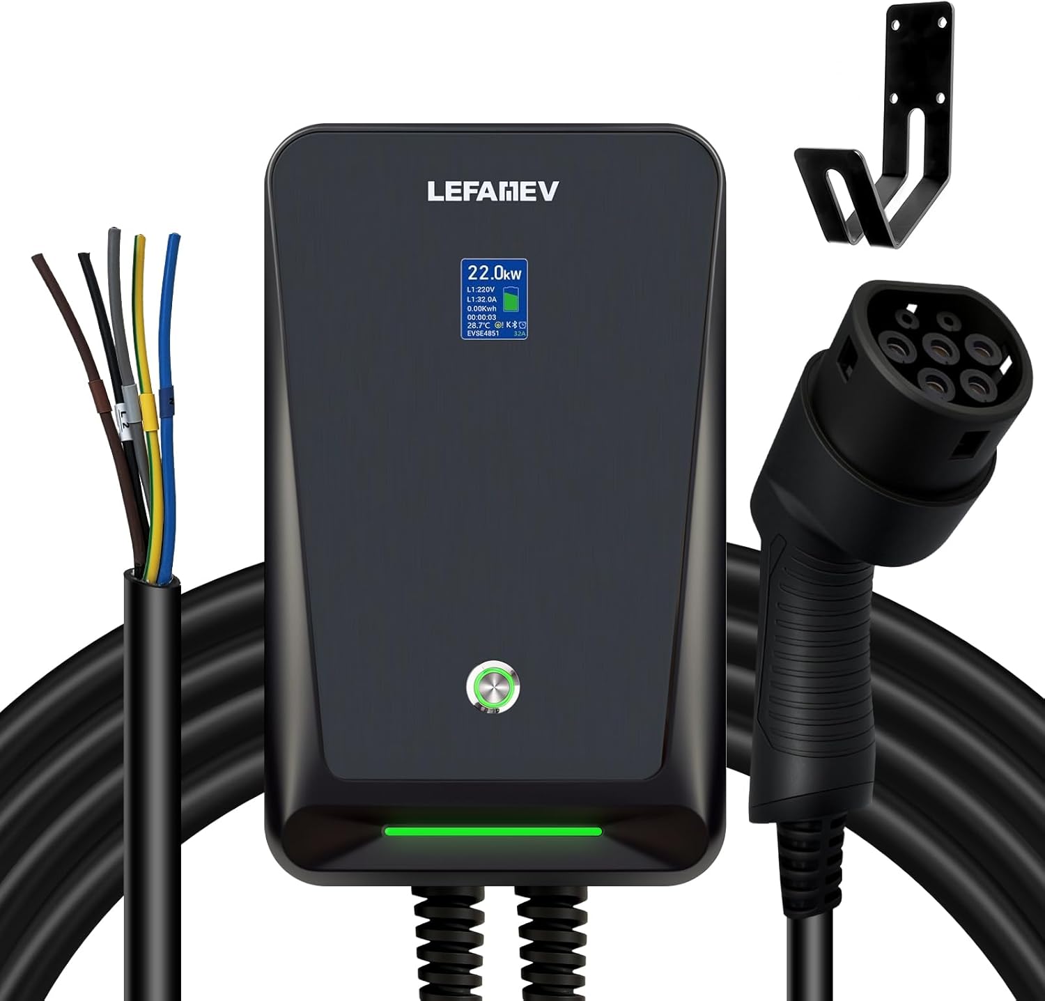 LEFANEV Large Display Electric Vehicle Charging Station 20ft Type 2 Charging Cable 32A/22kW