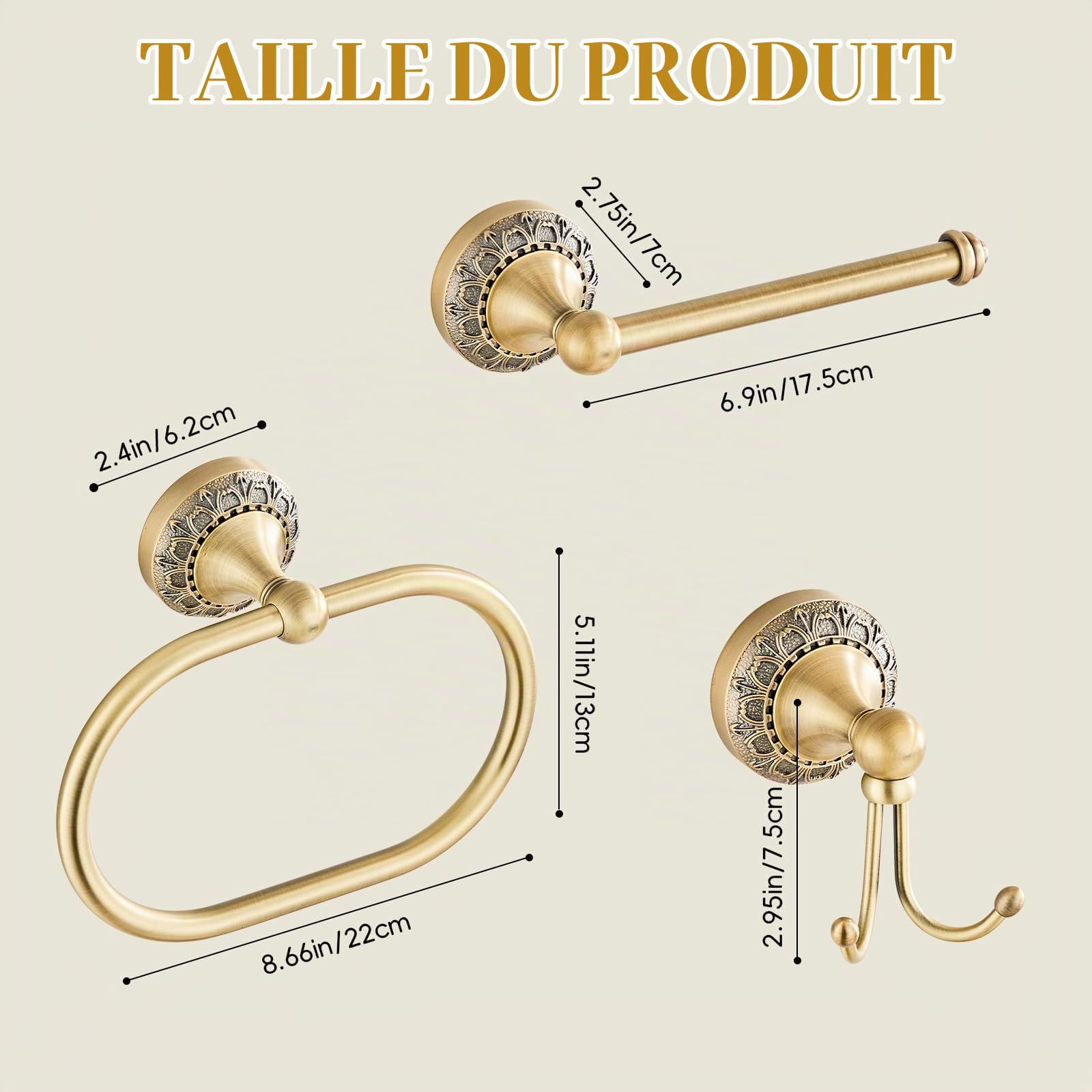 Lot de 3 accessoires de salle de bain avec gravure antique – Porte-papier toilette, anneau porte-serviettes et double crochet – Ensemble de salle de bain en métal durable résistant aux rayures pour