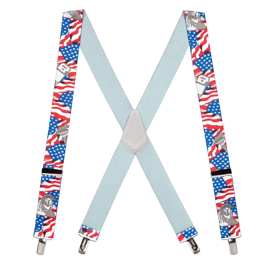 Suspender Store Novelty Statue of Liberty Flag Suspenders - 1.5-Inch Wide Elastic - X-Back - Clip - 42