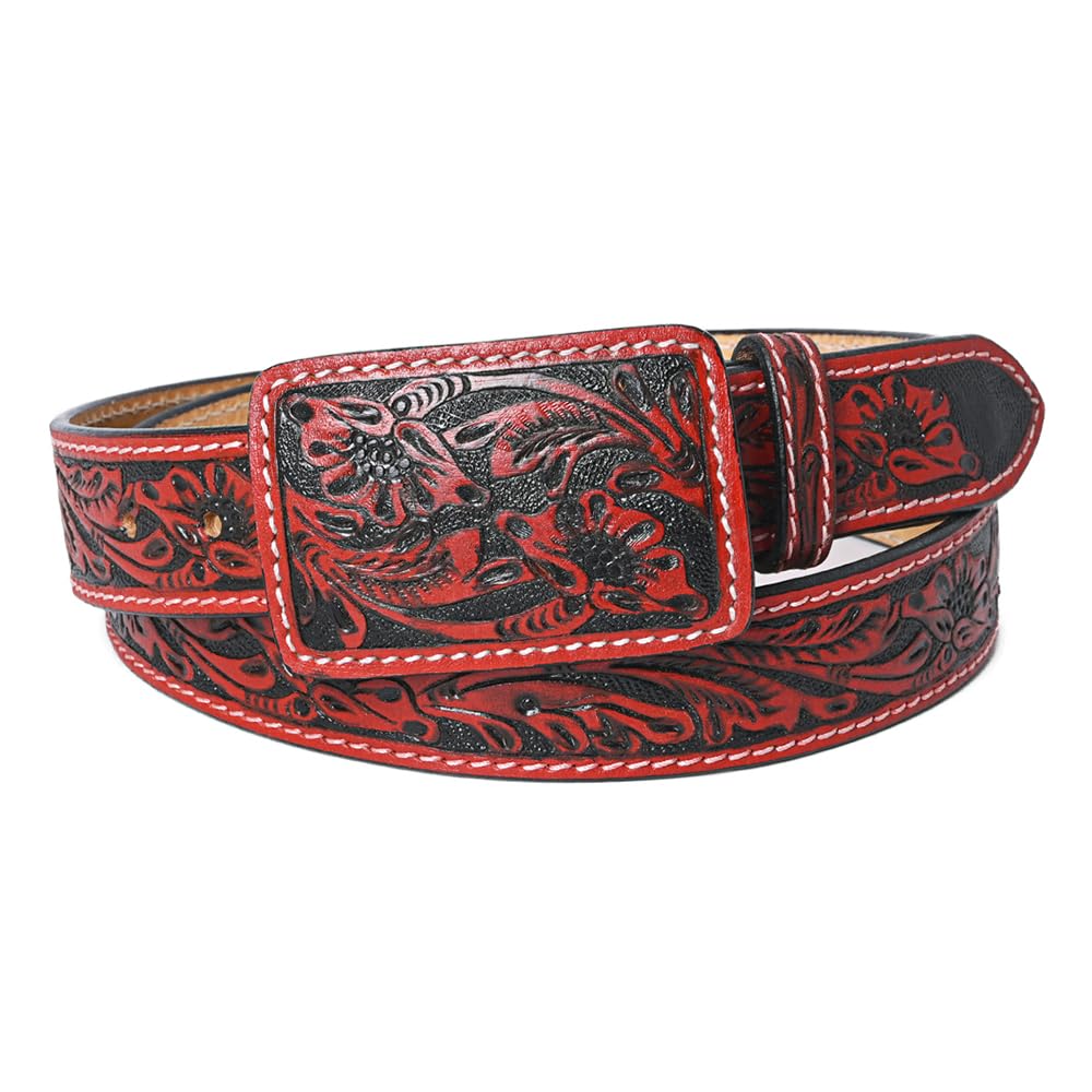 American Darling Beautifully Hand Tooled Red Genuine American Leather Belt Men and Women Western Belt with Removable Buckle