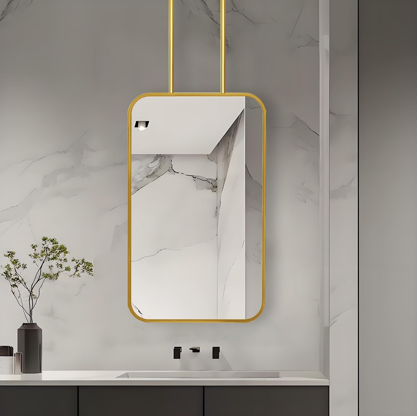 FGXHHS Gold Hanging Floating Mirror, Vertical Ceiling Mounted Mirrors for Cloakroom, Living Room, Bathroom Makeup Shaving Metal Frame HD Mirror(40cmx70cm)