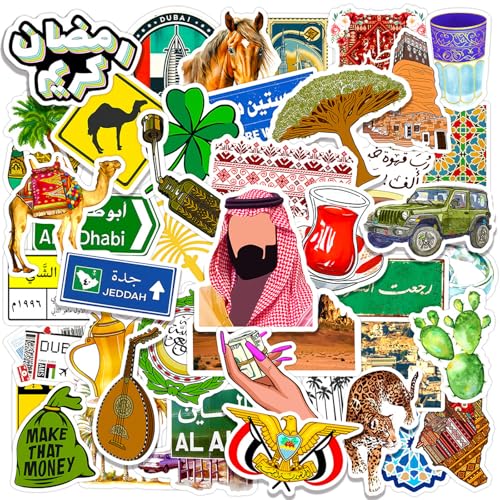 Saudi Stickers Set- 50 Pcs Saudi Travel Bag Stickers Water Resistant Vinyl Decals for Laptops Luggage and Phones - Arabia Culture Graffiti Stickers Decoration Pack for Teens & Adults - ملصقات سعوديه
