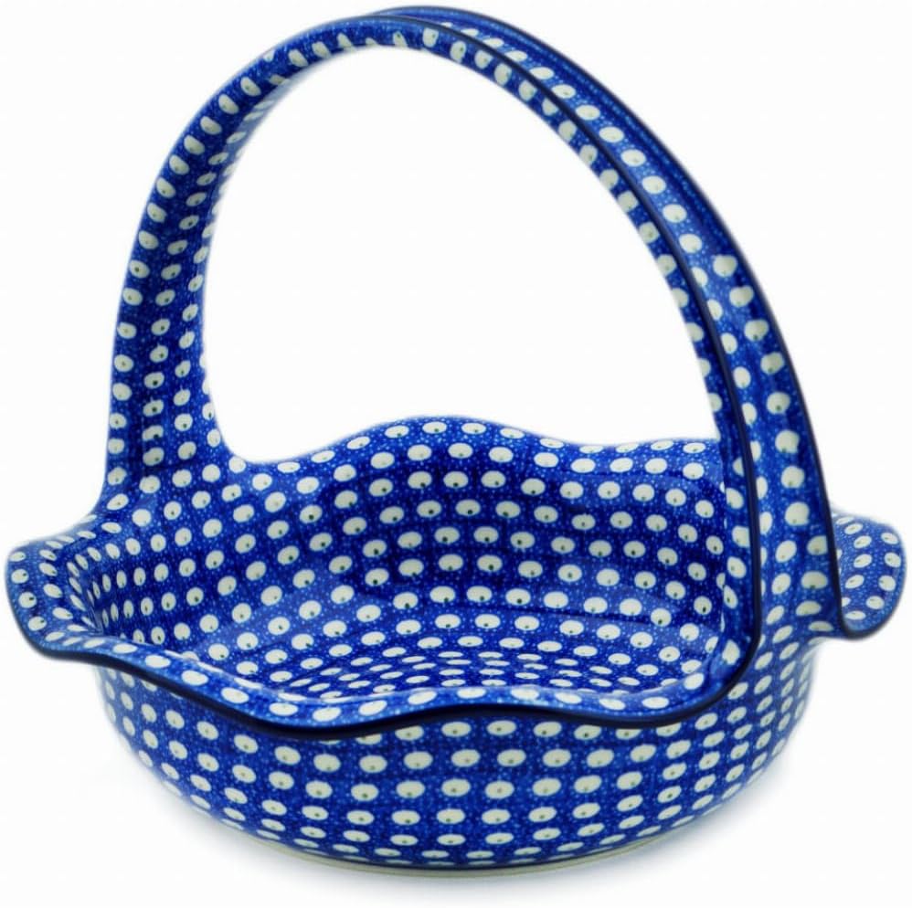 Polmedia Polish Pottery Basket with Handle - Stepping Stones Pattern Handmade in Boleslawiec Poland by Ceramika Artystyczna + Certificate of Authenticity