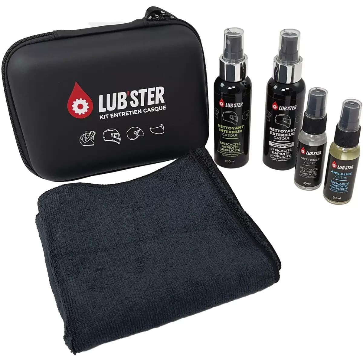 KIT ENTRETIEN CASQUE MOTO ET SCOOTER LUB’STER • Pack complet • Nettoyant extérieur casque + Nettoyant intérieur casque + Anti-pluie + Anti-buée + Chiffon microfibre • Entretien casque moto et visière