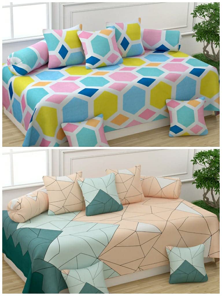 Microfiber Unique Patterns Combo of 2 Diwan Set Covers 8 Pcs Set |2 diwan bedsheet, 10 Cushion Covers, 4 Bolster Covers| (Multicubes & Arcade)-image-26