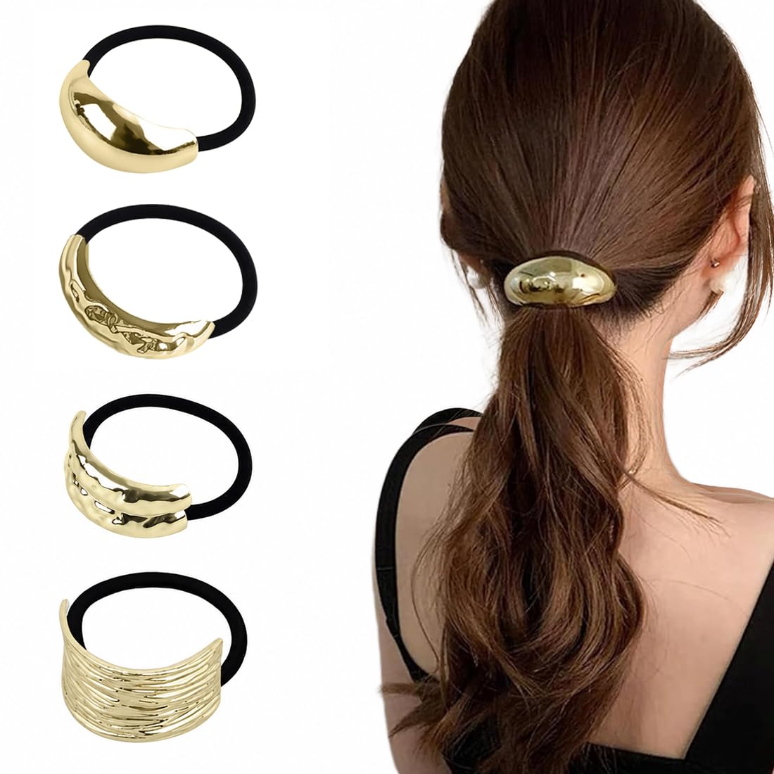 4 pcs gomas para el pelo para cola de caballo, puño de metal dorado, Cinta Elástica Atacaño para el Pelo, para coletas doradas, gomas para el pelo punk, para accesorios de cabello finos