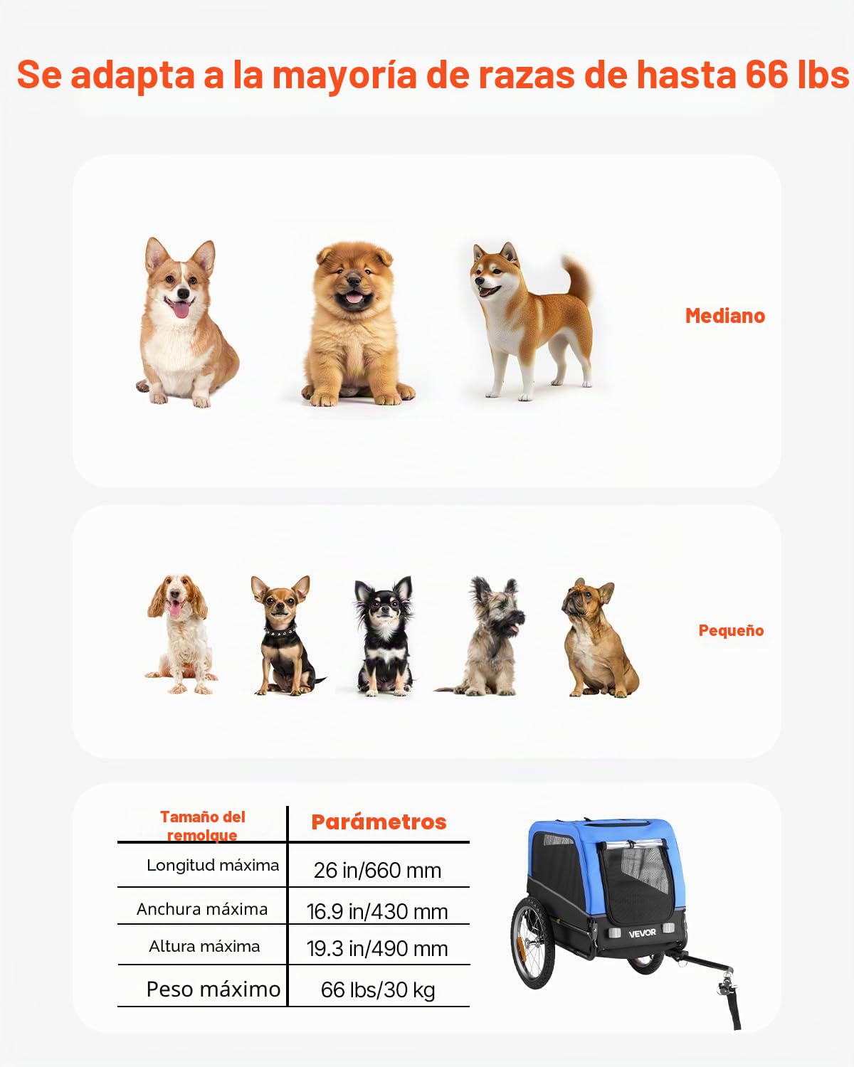 VEVOR Remolque de Bicicleta para Perros, Carga de 45 kg, Carrito Portabicicletas Plegable para Perros Pequeños/Medianos con Rueda de Liberación Rápida, Enganche Universal, Reflector y Correa Interior