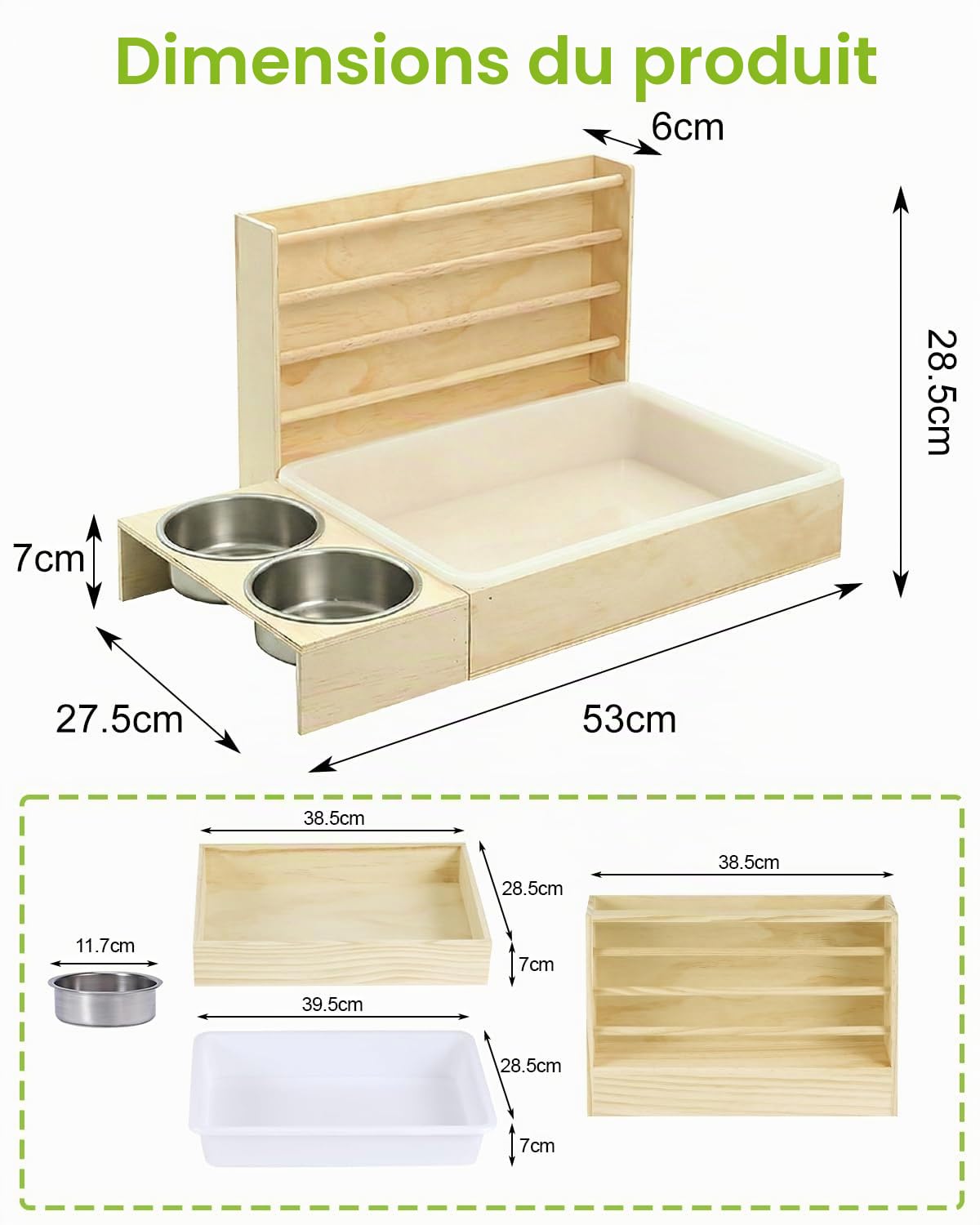 Mangeoire à Foin pour Lapin avec 2 Gamelles, 4 en 1 Couleur Bouleau | Distributeur de Nourriture en Bois, pour Lapins, Cochons d'Inde, Chinchillas, Lapins et Autres Petits Animaux 54x36,5x28 cm