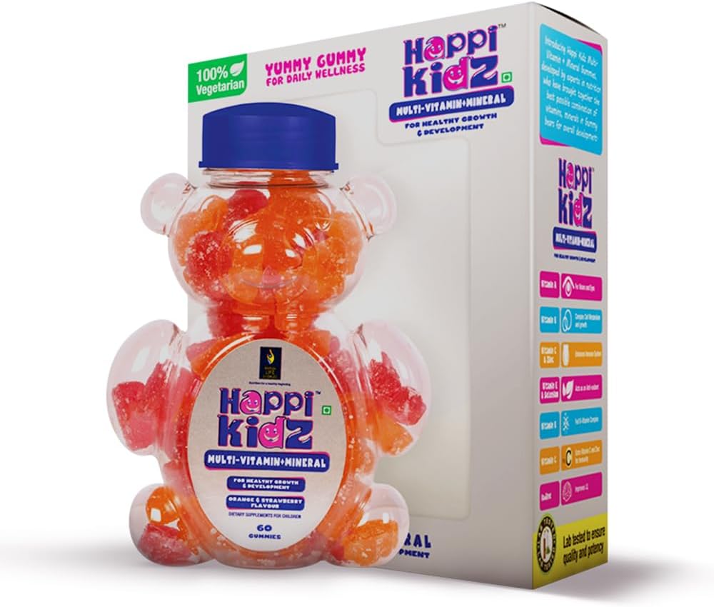 Happi Kidz Multivitamin Gummies for Toddlers & Kids | Vitamins & Minerals | Ages 2 & up | Strawberry & Orange Flavour | 60 Count