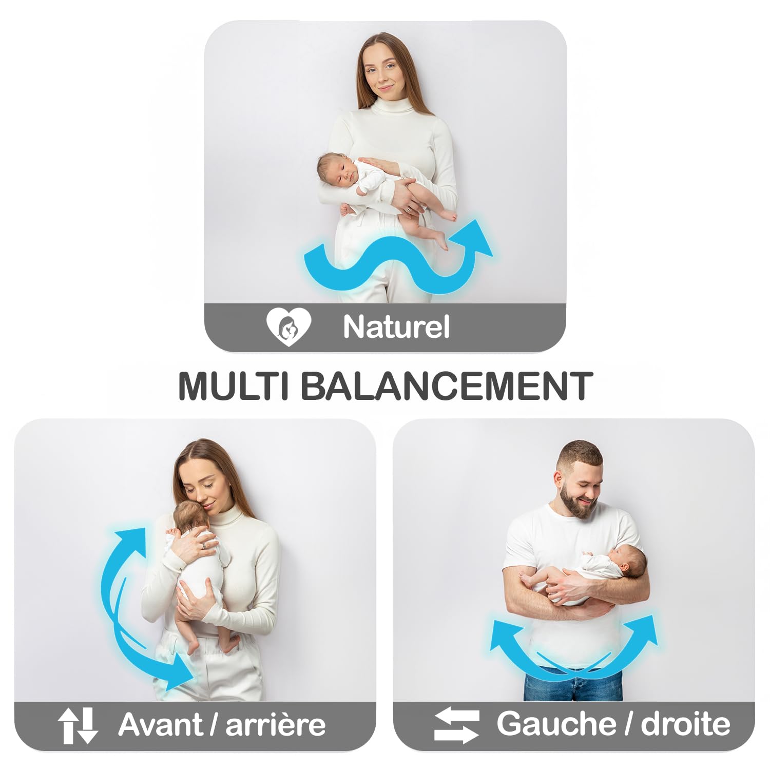 BEBE2LUXE EMY : Balancelle Bebe/Transat Bebe électrique, Effet Bois, Balancement Naturel, Multi-Position 360, Bluetooth, télécommande (Gris)