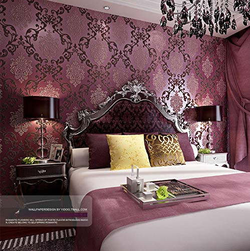 10X0.53M 3D Elegant Damask 5 Colors Luxury Embossed Flock Textured Non-Woven Wallpaper Roll for Bedroom Livingroom 1.73' W x 32.8' L=5.3㎡ (57sq.ft) (Purple)