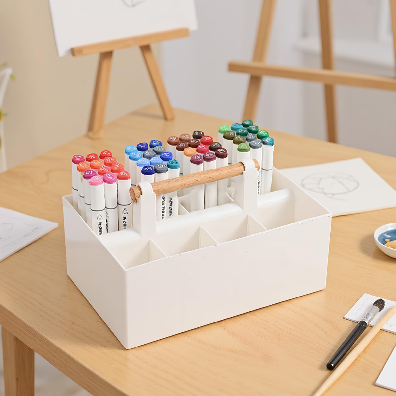 MultiBey Stackable Organizer Caddy Portable Tote Plastic Caddy with Wooden Handle, DIY Divided Basket for Office, Crafts, Home or School Supplies Rectangle (White) - Image 4