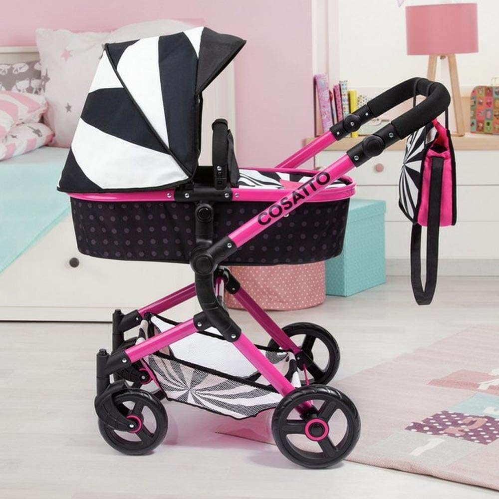 Side view of the Bayer Design Cosatto Wonder Doll Stroller in bassinet mode, showing the frame and wheels.
