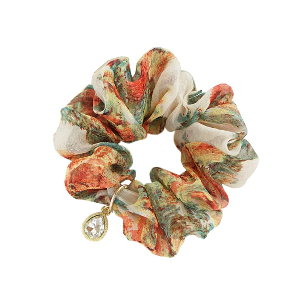 Fresh Elegant Korean Scrunchies - Korean Rhinestone Floral Chiffon Hair Ties - Vintage Oil Painting Style Fabric Head Flower