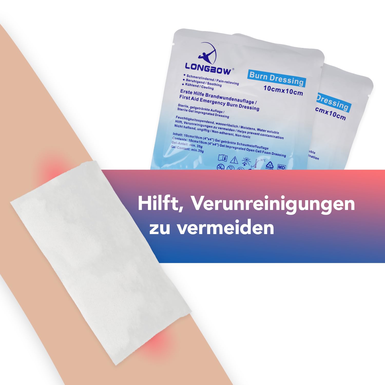 First Aid Only Brandwundenauflagen 10 Stück | 10er Packung Gel-Wundverband für Verbrennungen 10 x 10 cm | Einzeln & steril verpackt | Schmerzlindernd, beruhigend, kühlend | P-91400 00