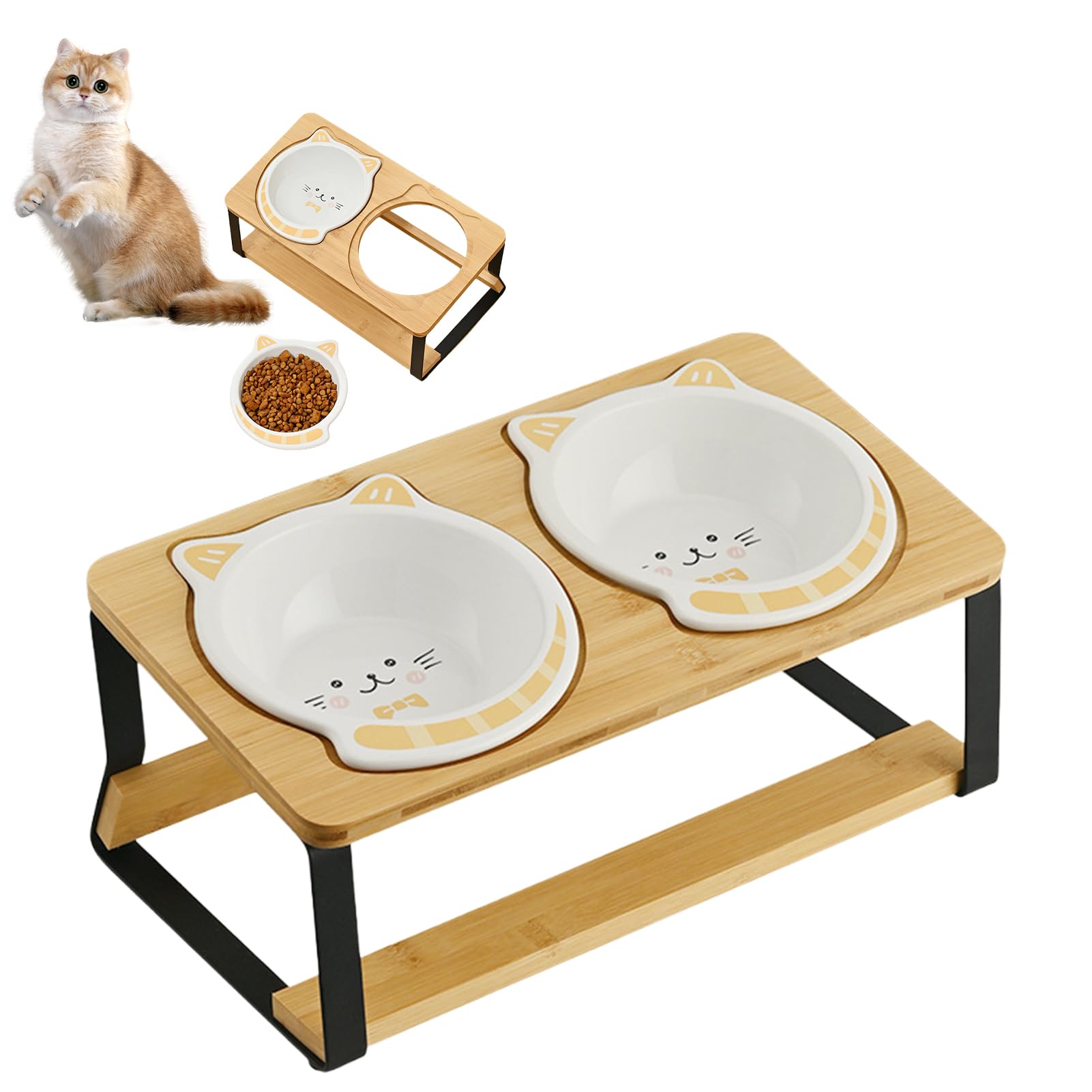 Cuenco de cerámica para gatos elevado, con diseño inclinado de 15 grados, con soporte de bambú, doble comedero para perros, doble comedero para gatos, comedero para perros
