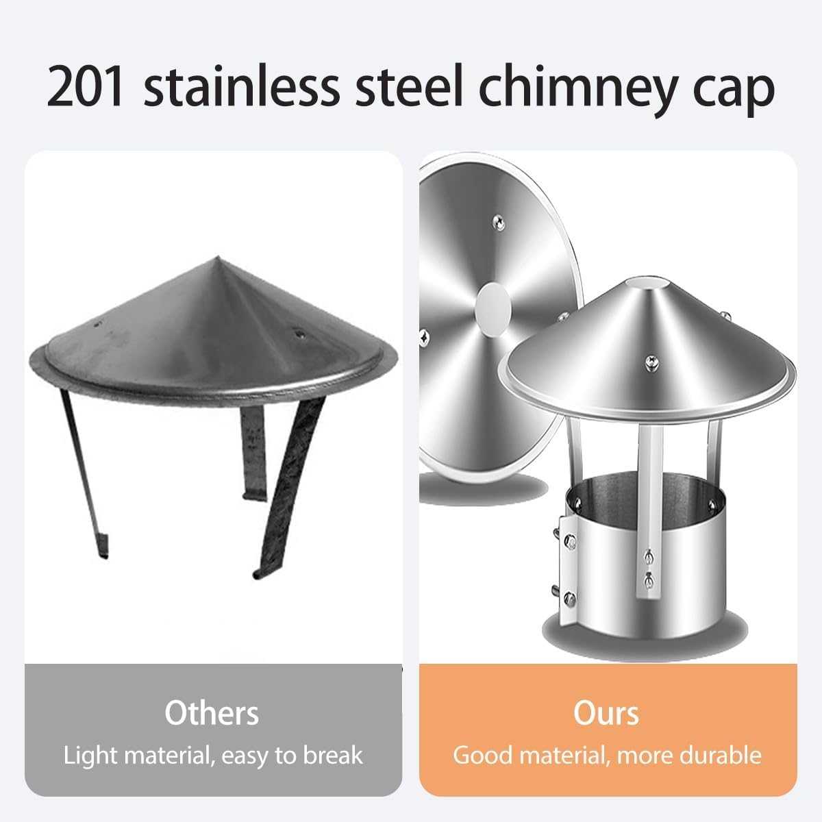201 Stainless Steel Chimney Cap，3" 4" 5" 6" 7" 8" 9" Chimney Cover Fireplace Chimney Caps Round Chimney Caps And Cowls Rain Guard With Adjustable Metal Screws(210mm/8.27inch)