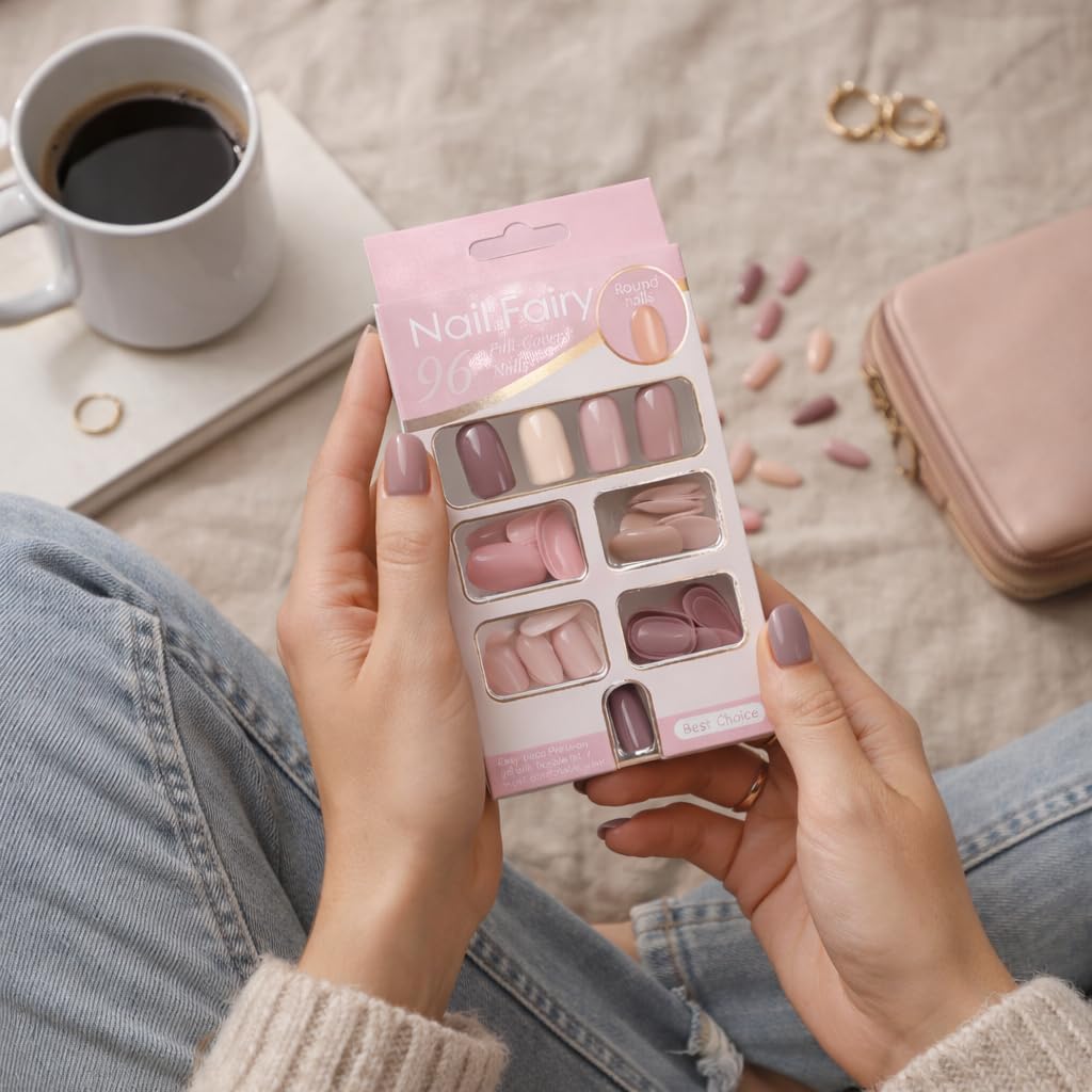 Coslifestore 96 Press On Nails | Reusable Nude and Pink Nail Tips 2