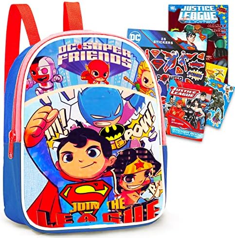 DC Shop Superman and Friends Mini Backpack Toddler Preschool Bundle with 11inch Justice League Featuring Superman, Batman, Wonder Woman, Flash, Aquaman, Cyborg, Stickers More Bag