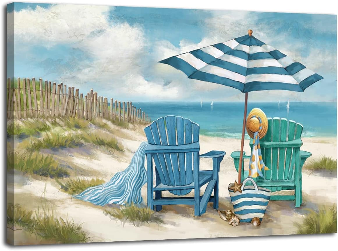 LAIART Blue Ocean Canvas Wall Art Decor Beach Chair Picture Prints，Relaxing Seascape Artwork