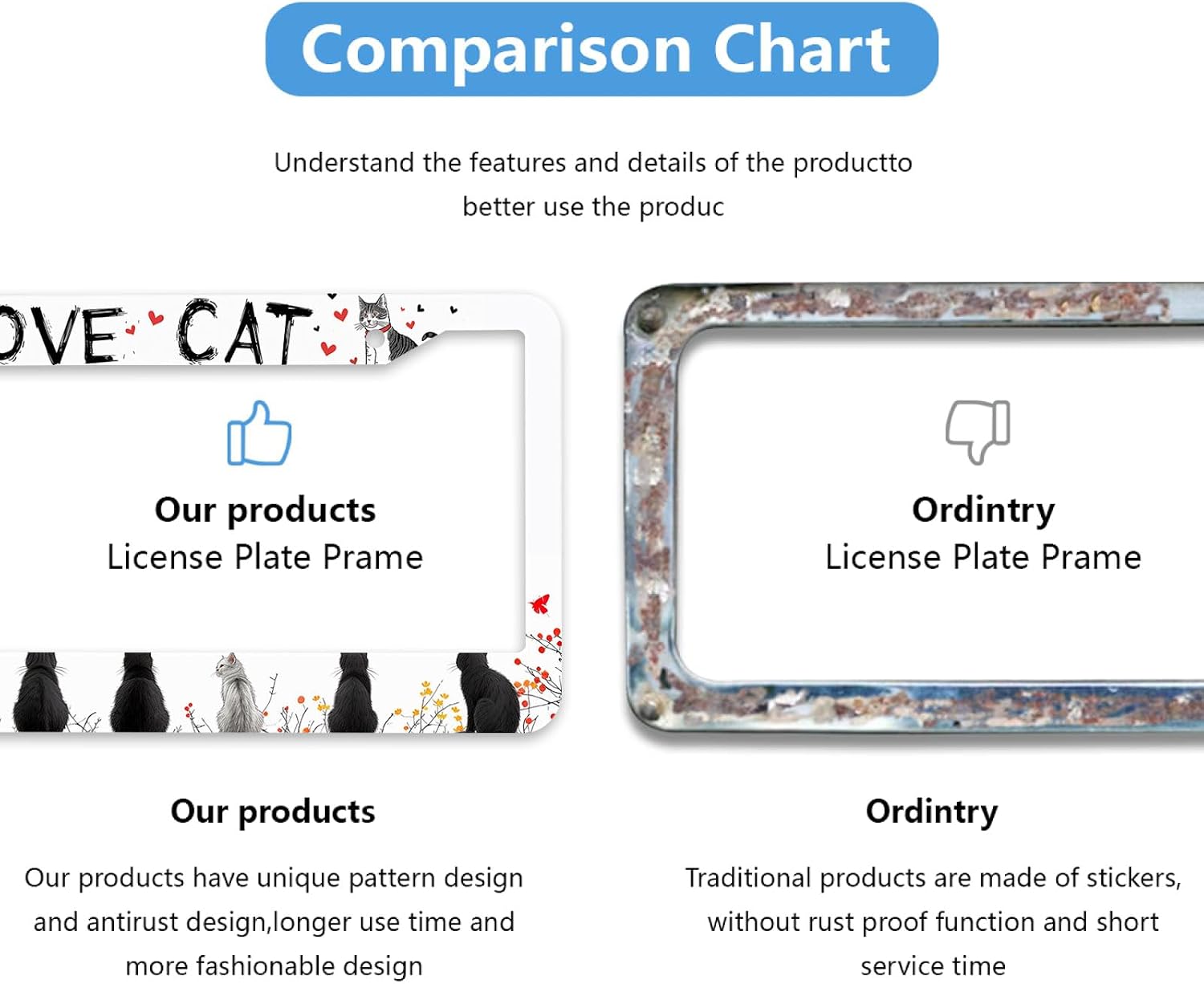 I Love Cats License Plate Frame 2 Pack Cartoon Cute Pet Cat License Plate Frames Personalise Stainless Steel Metal Car Plates Funny License Plate Frames Decorative for Men Women image 5