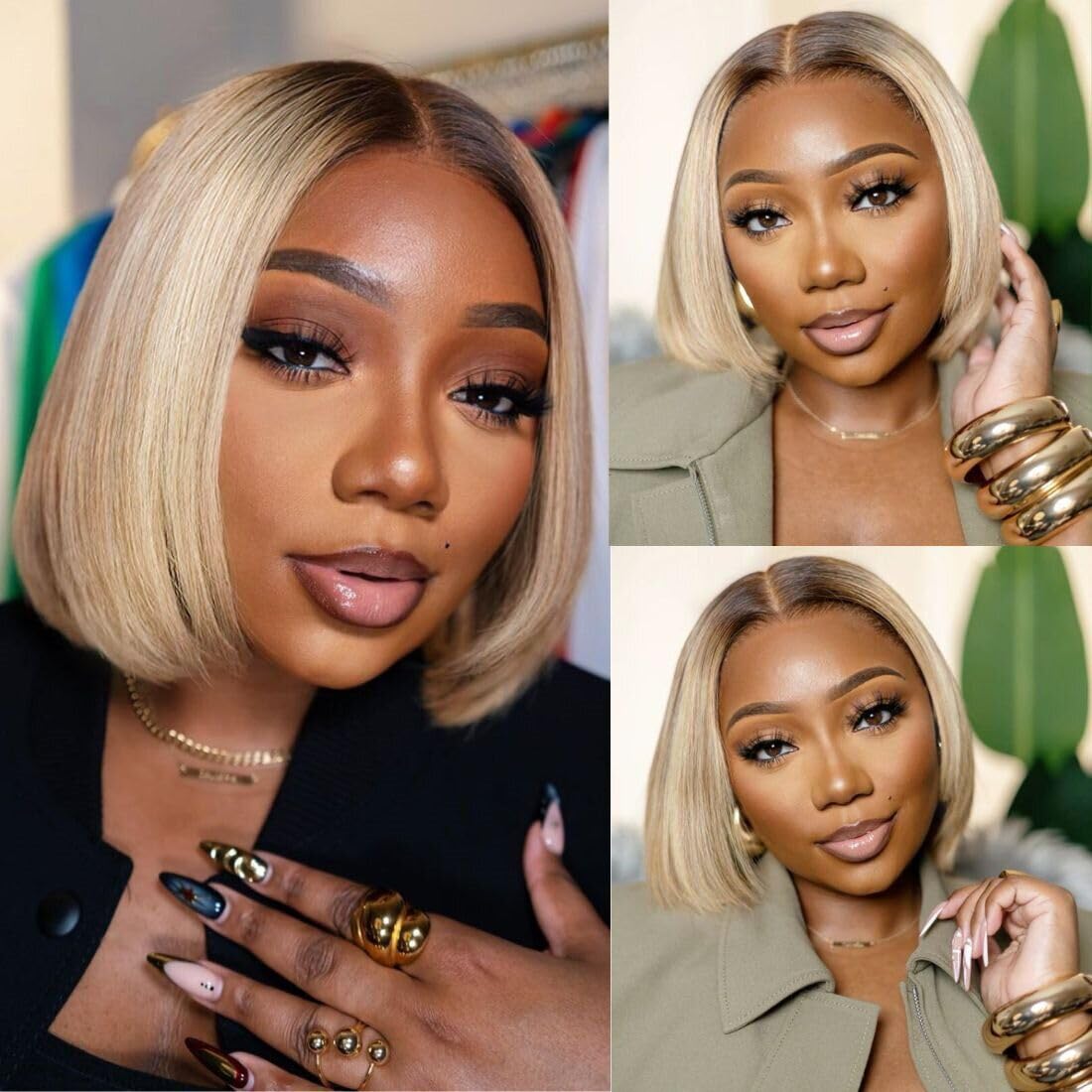 Ash Blonde Bob Wig Human Hair 180% Denstiy 13x4 HD Lace Front Human Hair Wig for Women Ombre Ash Blonde Glueless Straight Bob Wig with Dark Roots Invisible Knots 10 Inch