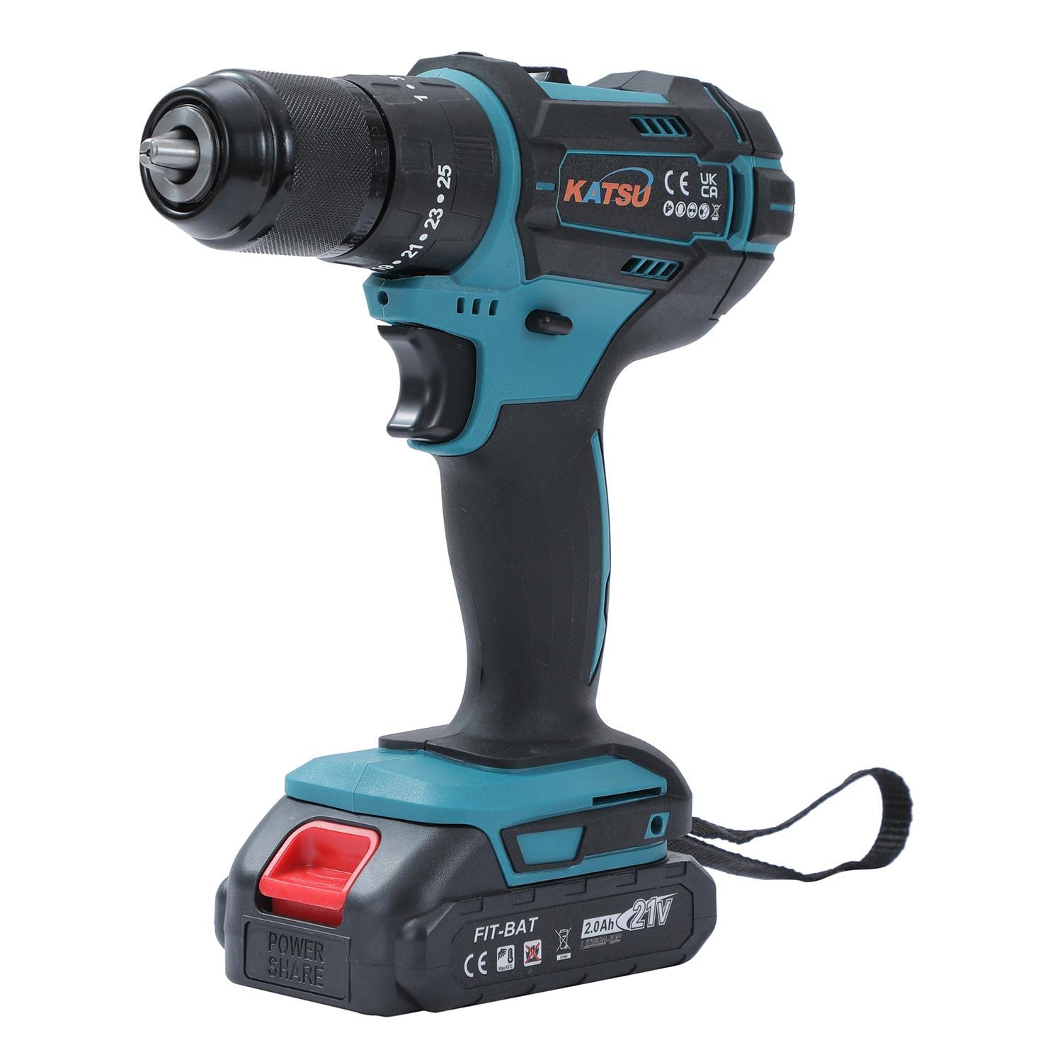 KATSU FIT-BAT 21V Taladro de Impacto Inalámbrico con 2 x 2,0Ah Baterías y Accesorios, 13mm Mandril sin Llave, 2 Velocidades y luz LED, para Mejoras en el Hogar DIY 102675