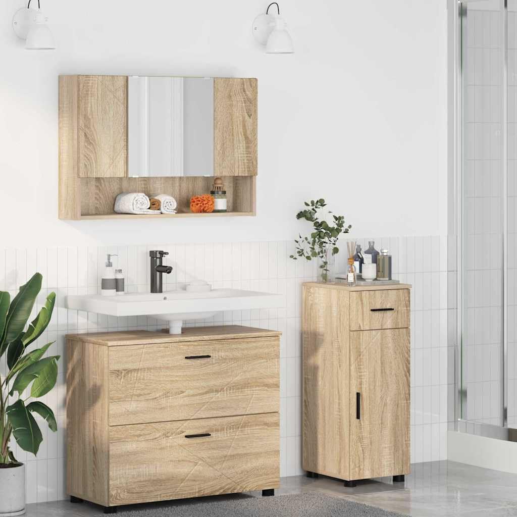 3-częściowy zestaw mebli łazienkowych, dąb sonoma, sklejka, metal, nowoczesny design, miejsce do przechowywania, szafka łazienkowa z lustrem, szafka pod umywalkę i toaletę