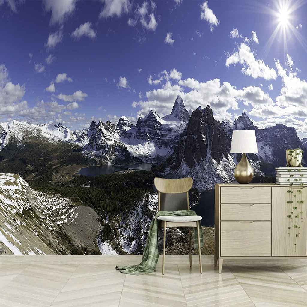 Papier peint montagne enneigée 350x256 cm canevas auto-adhésif pour chambre et bureau
