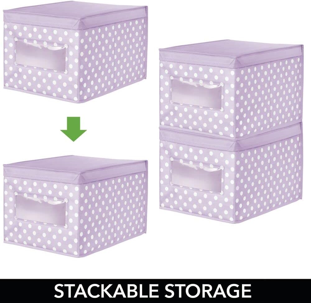 mDesign Large Soft Stackable Fabric Baby Nursery Storage Organizer Holder Bin Box with Front Window and Lid for Child/Kids Bedroom, Playroom, Classroom - 6 Pack, Light Wisteria Purple/White Polka Dot