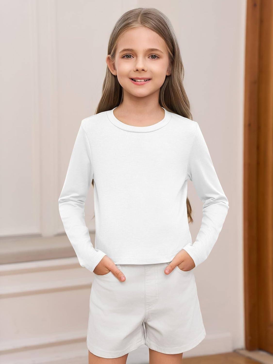 Haloumoning Girls Crop Tops Long Sleeve T Shirts Kids Crewneck Slim Fit Basic Tee for 5-14 Years - Image 3