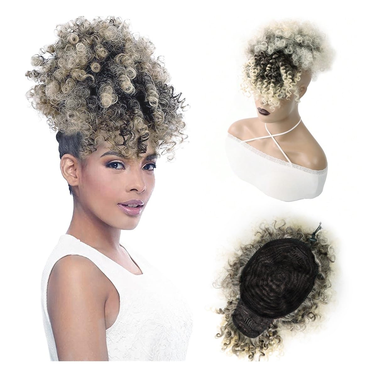 Lizhuzhuzs28 Women Afro Puff Drawstring Ponytail with Bangs Kinky Curly Hair Bun Hairpiece Pineapple Updo for Black Women Daily(1BT613)