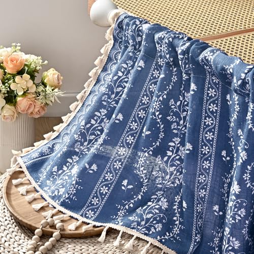 Image of Yinhua Boho Swag Valance Curtains Vintage Linen Valances for Windows Light Filtering Floral Kitchen Valance Rod Pocket Farmhouse Rustic Tassel Window Valances for Bathroom Cafe, 60 inch W x 36 inch L, Blue