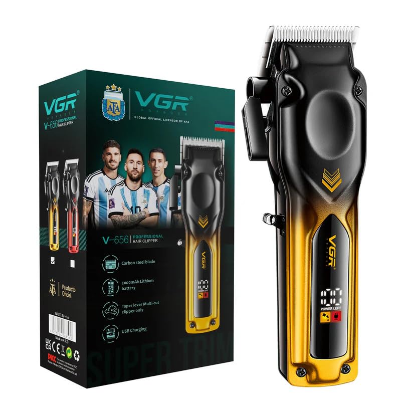 Image of VGR V-656 Professional Hair Clipper for Men | Ceramic & Stainless Steel Blades | 2000mAh Lithium Battery | 400 Min Runtime | Turbo Mode | LED Display | USB Type-C Fast Charging | Yellow