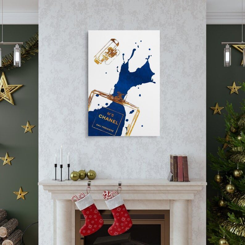 Image of BanLaArt Fashion Gold Perfume Bottle With Navy Blue Splash Canvas Print Poster Decorative Painting Canvas Wall Art Picture Print Modern Family Bedroom Decor 12x18inch(30x45cm), style-1