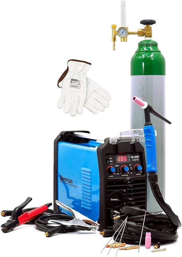 Estación De Soldadura TIG Sherman 202P 200 A Con Pulsador, Botella De Argón Llena, Casco Automático Y Accesorios Completos Para Uso Profesional