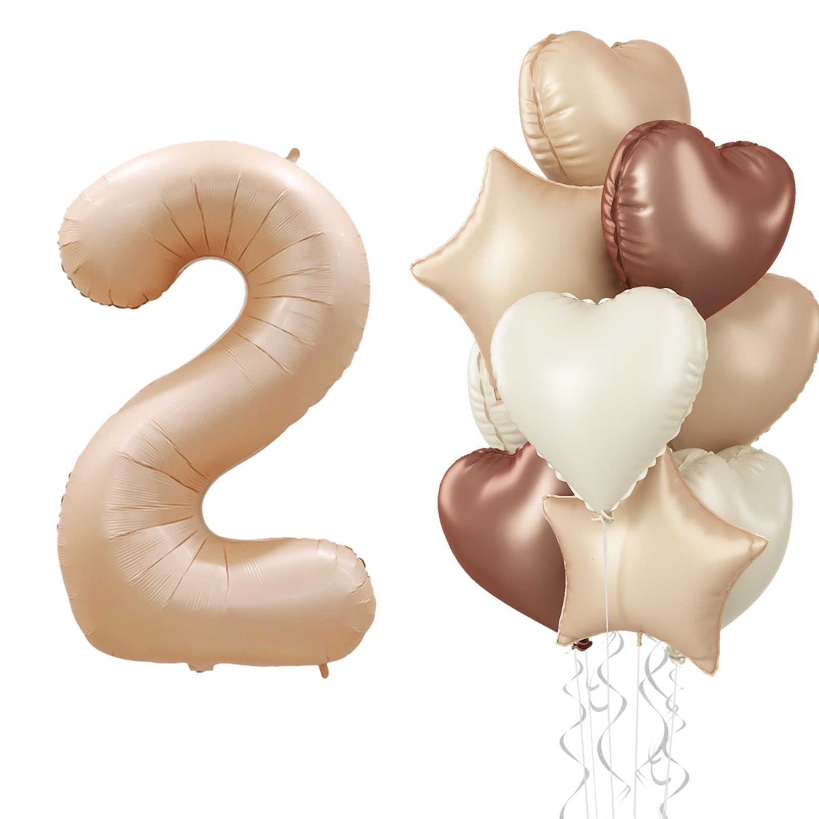 Nude 2 Balloons Set, 40 Inch Retro Apricot Foil Number 2 Balloon Boho Decor, Neutral Heart Balloon Brown Tan Star Helium Heart Balloon for Girls 2nd