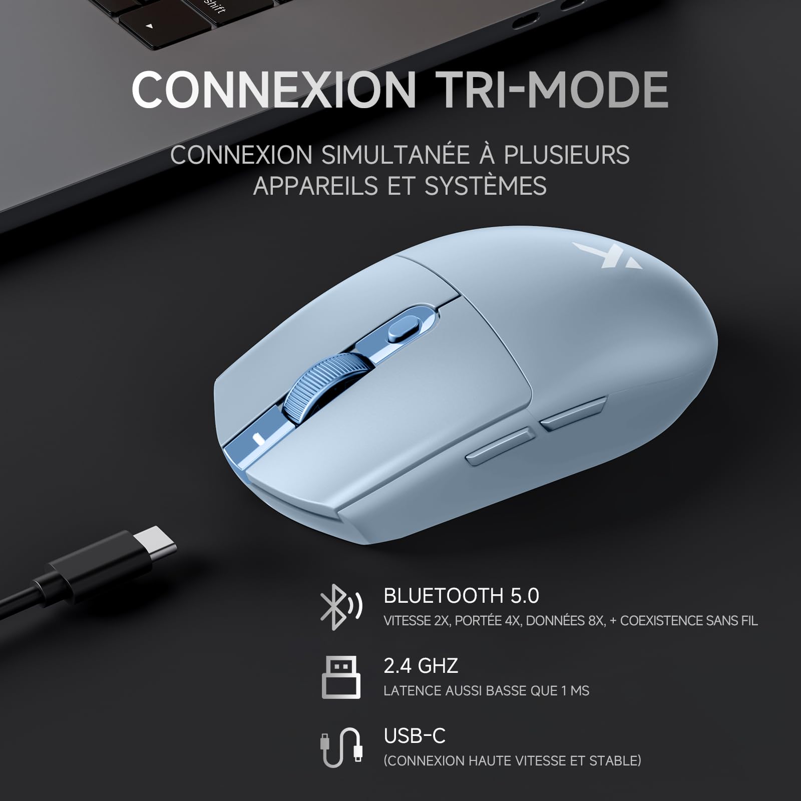 MCHOSE G3 Ultra Leggero Gamer Mouse 64 g, 26 000 DPI, 8000 Hz Polling Rate, 650 IPS, 8 Pulsanti Programmabili, Mouse da Gioco Wireless/Cablato/BT 5.0/2.4Ghz, Batteria 170 h, PC e Mac - Blu