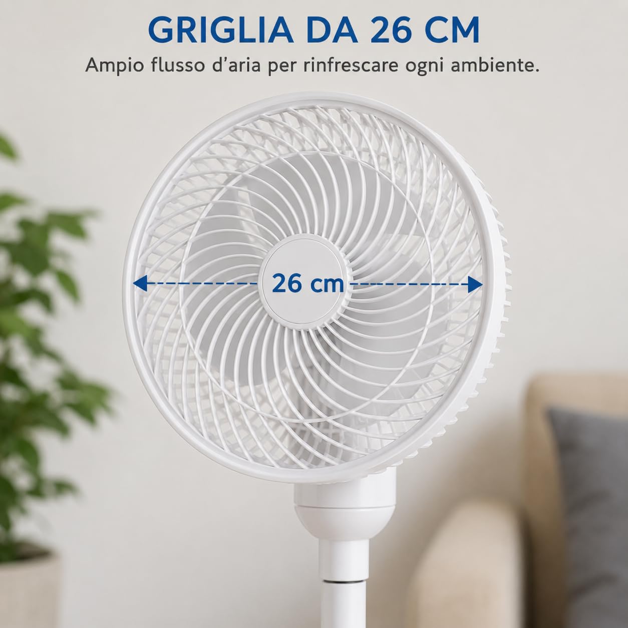 Ventilatore a Piantana - Oscillante - 50W - 3 Velocità Regolabile | Oscillazione automatica, altezza regolabile 65-81 cm, pale 26 cm, inclinazione 90°, base stabile, uso casa e ufficio