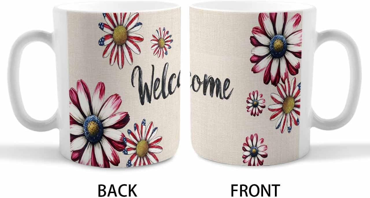 BEMIGO Ceramic Coffee Mug Independence Day Ceramic Mug White Cup, Daisy USA Flag Insulated Coffee Cup with Handle with Pattern Perfect for Tea and Hot Beverages, 12oz